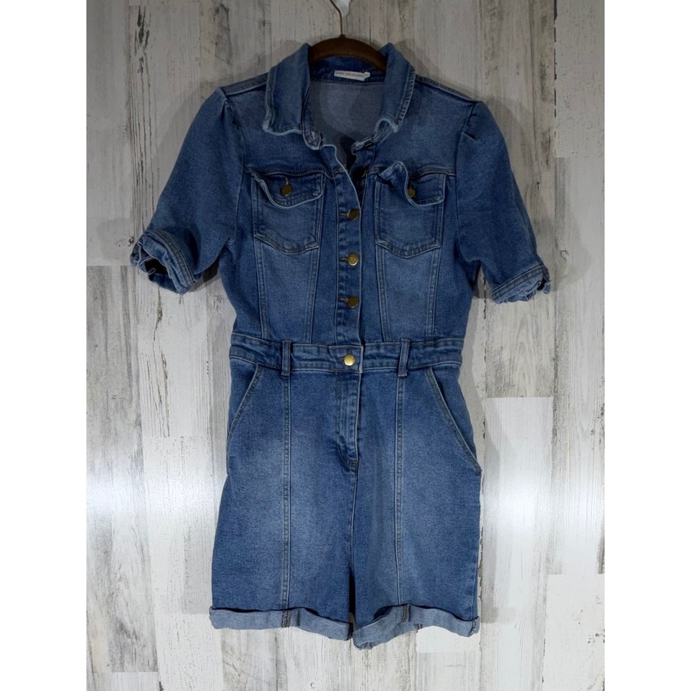 Avec Les Filles‎ Denim Jean Shortalls Romper Size Small Button Up READ